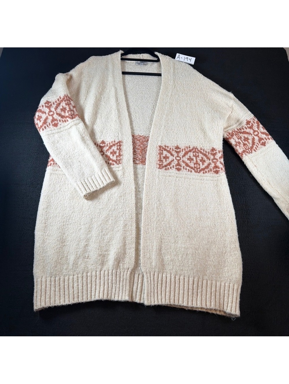 Oceanus Women M Oversized Long Cardigan Sweater Cream Rust Boho Southwestern 38”